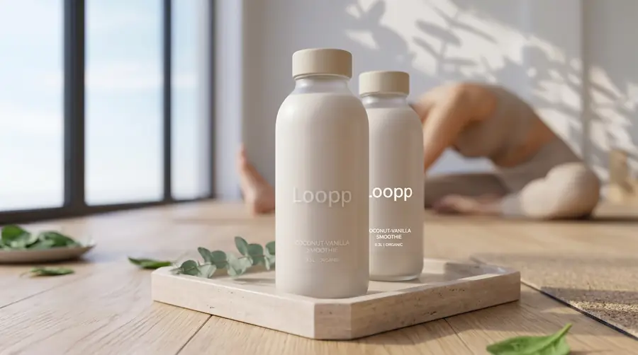 Zwei Flaschen Loopp Coconut-Vanilla auf einem Travertin-Tablett