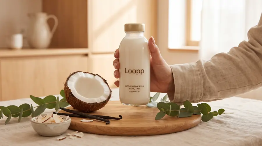 Hand hält eine Flasche Loopp Coconut-Vanilla neben einer halben Kokosnuss