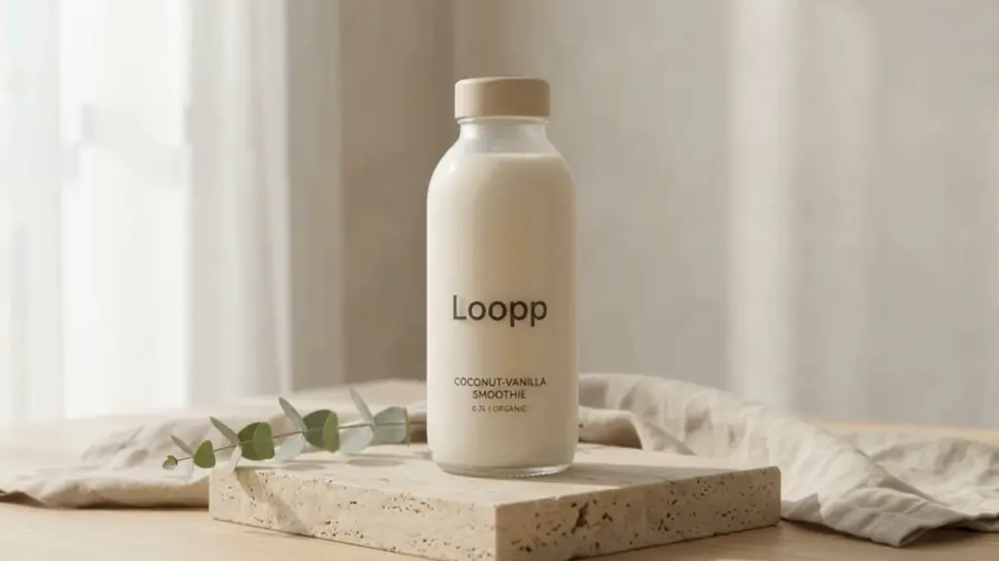 Loopp Coconut-Vanilla auf Travertin vor Leinenvorhang