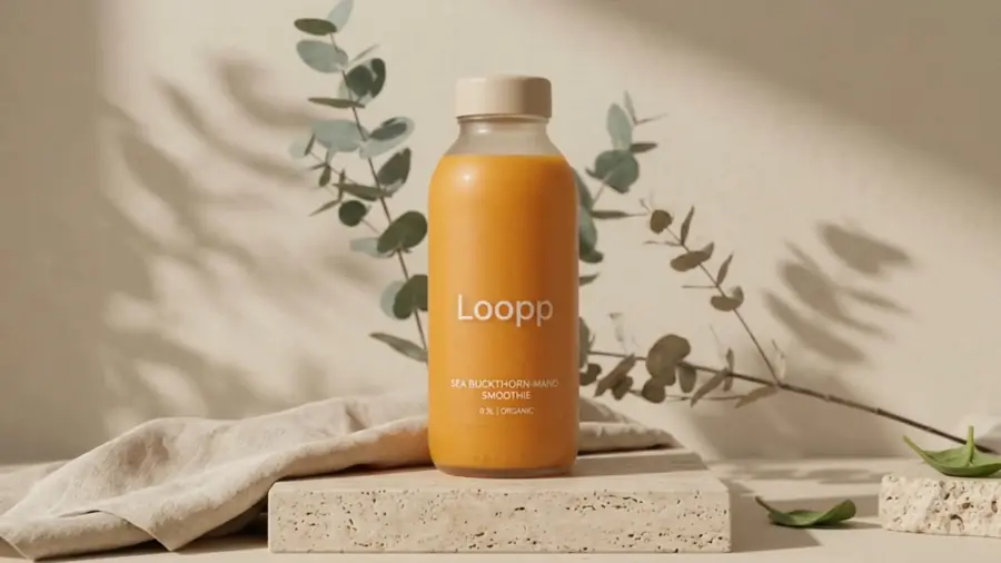 Loopp Sea Buckthorn-Mango auf Travertin mit Eukalyptuszweig