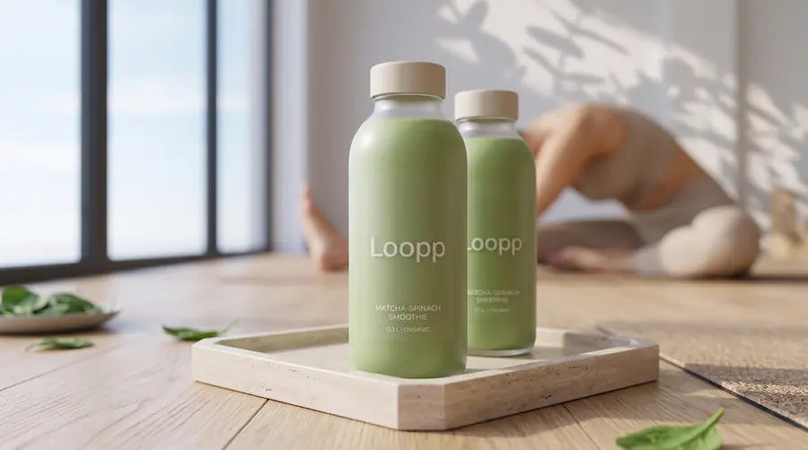 Zwei Flaschen Loopp Matcha-Spinach auf einem Travertin-Tablett im Morgenlicht