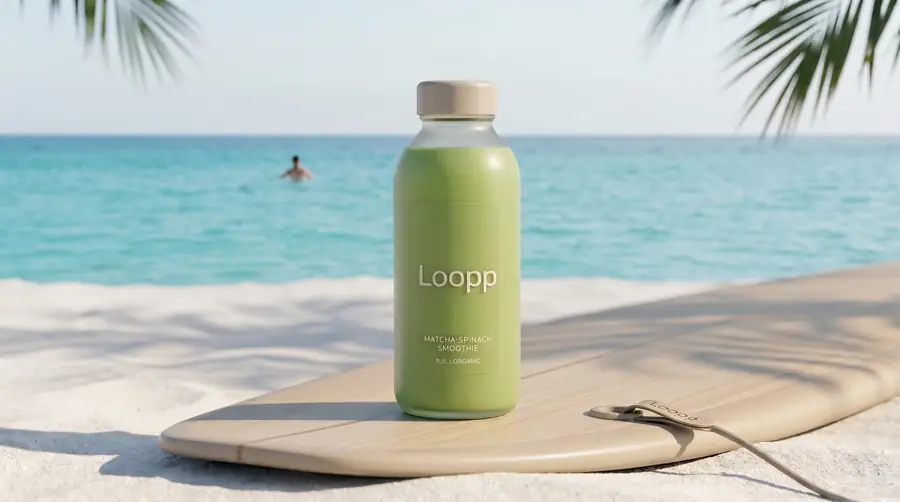 Loopp Matcha-Spinach auf einem Surfboard am Strand