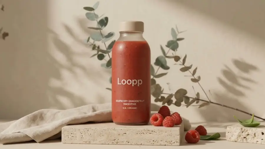 Loopp Raspberry-Dragonfruit im Sonnenlicht mit Blätterschatten