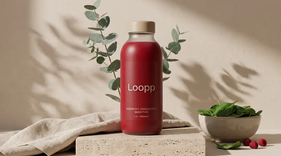 Loopp Raspberry-Dragonfruit auf Travertin mit Eukalyptus und Himbeeren